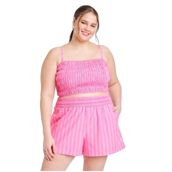 a new day Tops - A New Day Pink Striped Heavy Stretch Smocked Slim Fit Tiny Tank Top -- XXL 16
